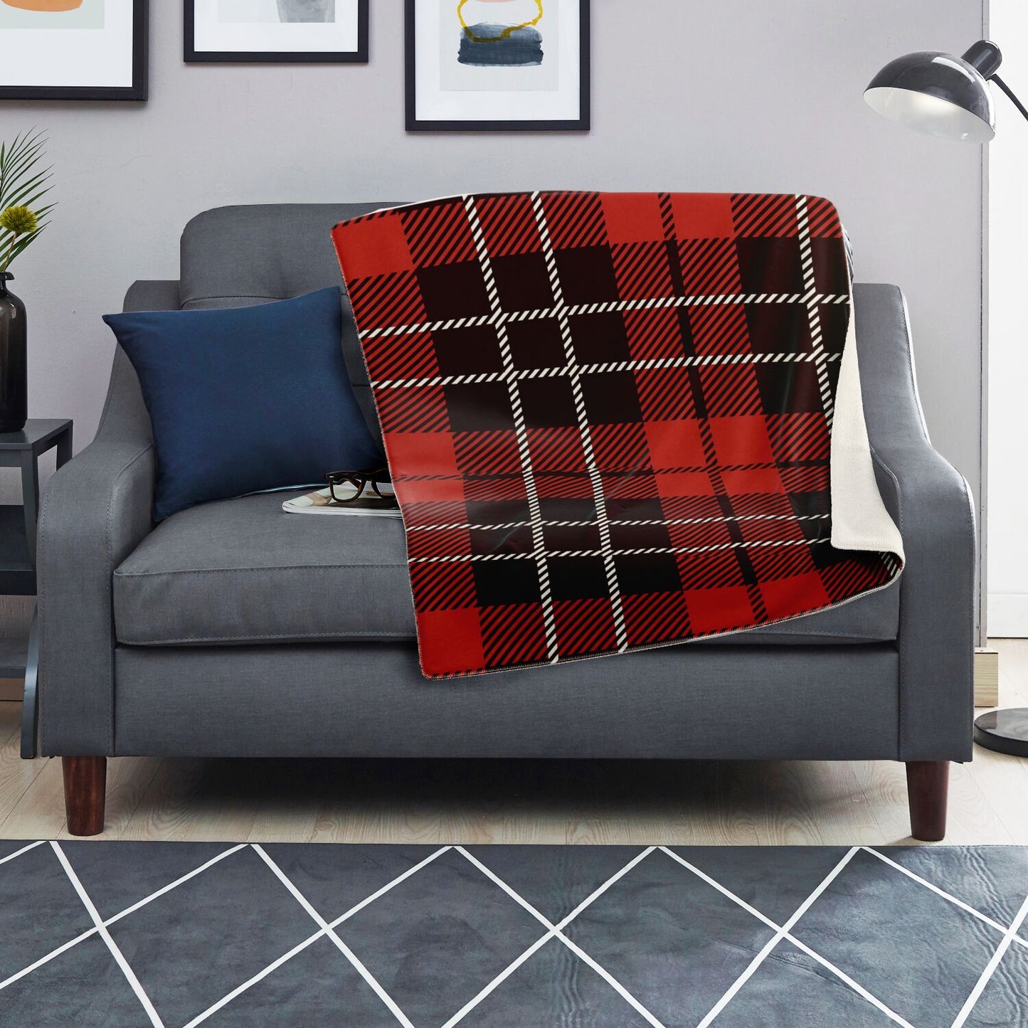 Black Red and White Buffalo Plaid Premium Microfleece Blanket - AOP