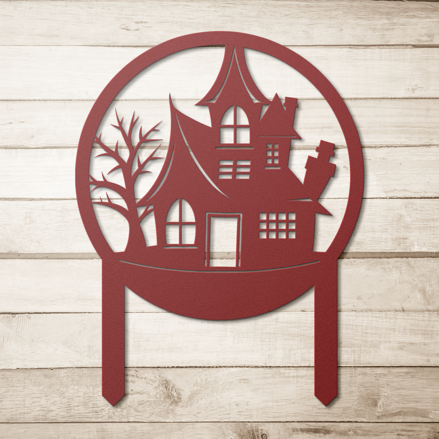 Halloween_House_Garden_Stake_Metal_Sign_Red_Simple_Wood_BKGD_Mockup.png