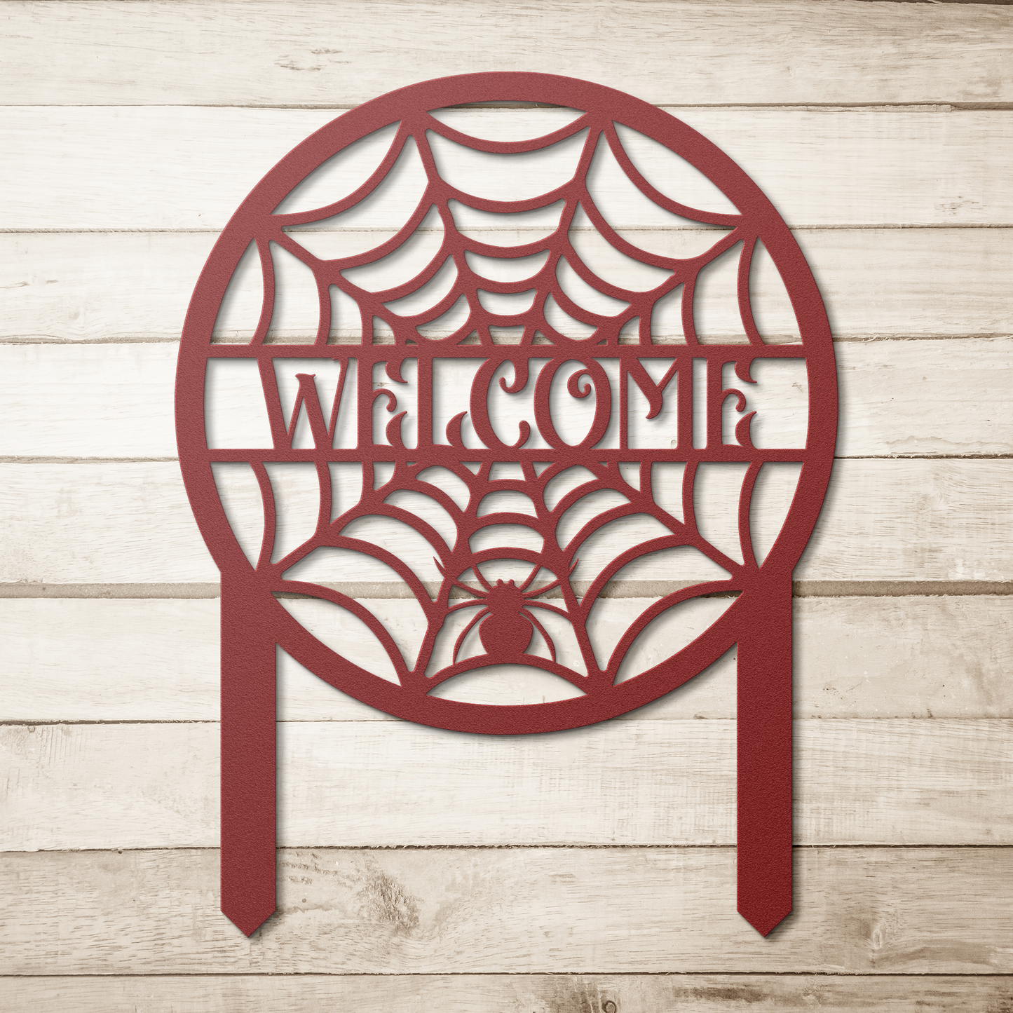 Spider_Web_Garden_Stake_Metal_Sign_Red_Simple_Wood_BKGD_Mockup.png