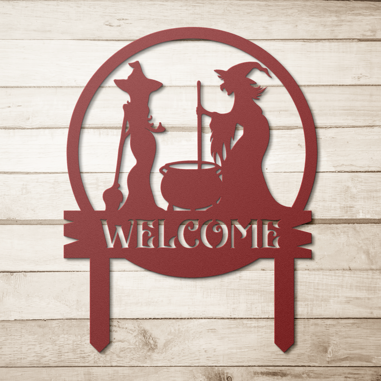 Witch_Cooking_Garden_Stake_Metal_Sign_Red_Simple_Wood_BKGD_Mockup.png