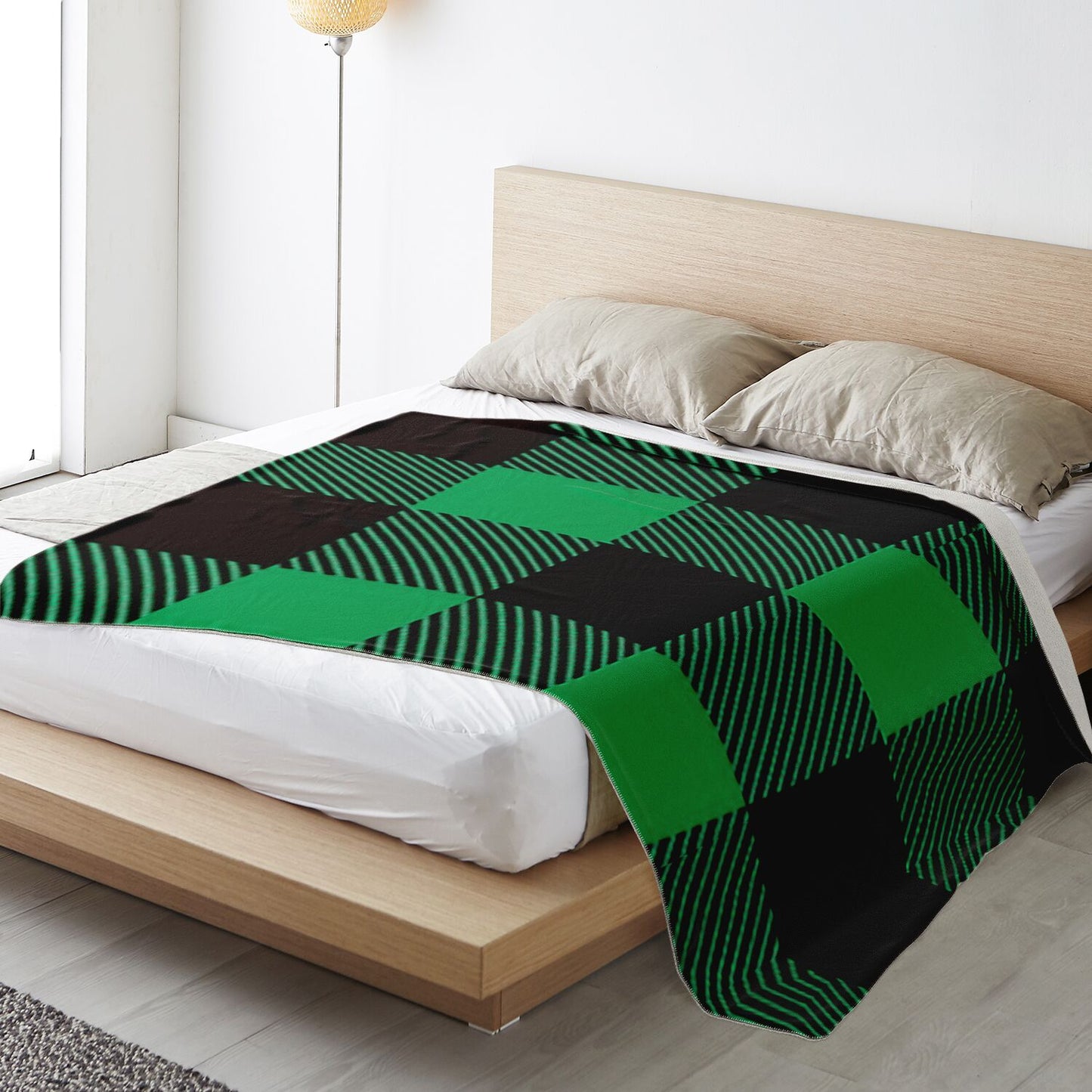 Black and Green Buffalo Plaid Premium Microfleece Blanket - AOP