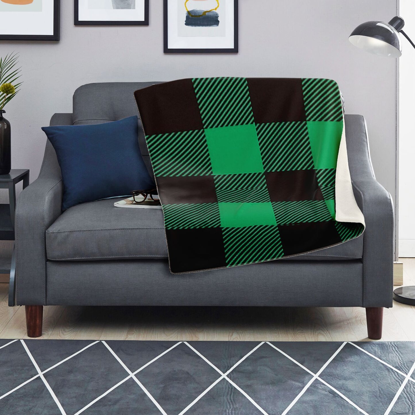 Black and Green Buffalo Plaid Premium Microfleece Blanket - AOP