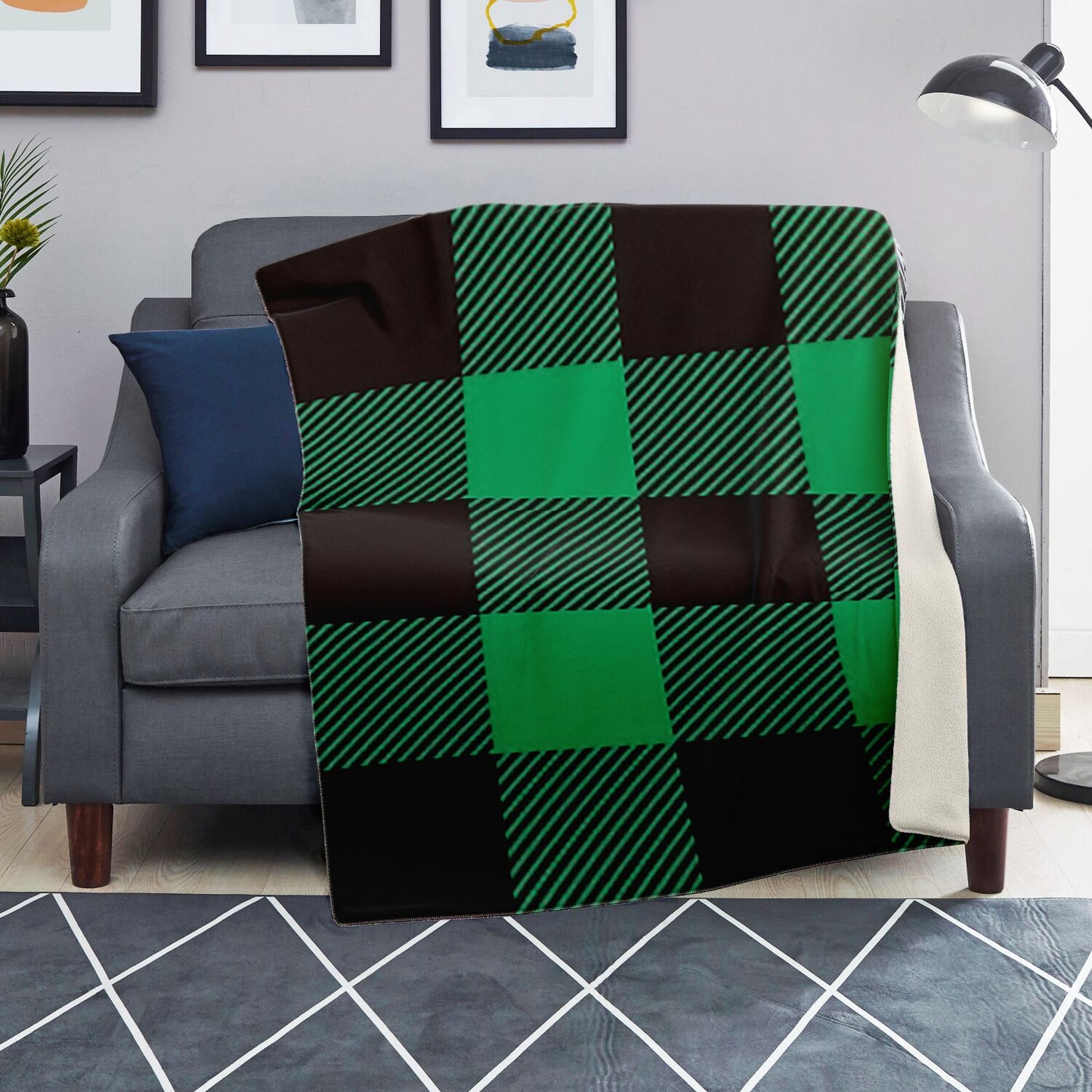 Black and Green Buffalo Plaid Premium Microfleece Blanket - AOP