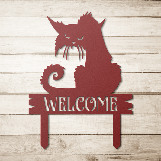 Black_Cat_Garden_Stake_Metal_Sign_Red_Simple_Wood_BKGD_Mockup.png