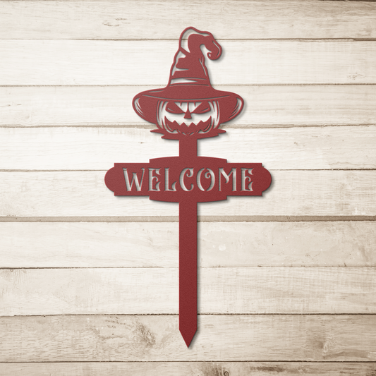 Pumpkin_Welcome_Garden_Stake_Metal_Sign_Red_Simple_Wood_BKGD_Mockup.png