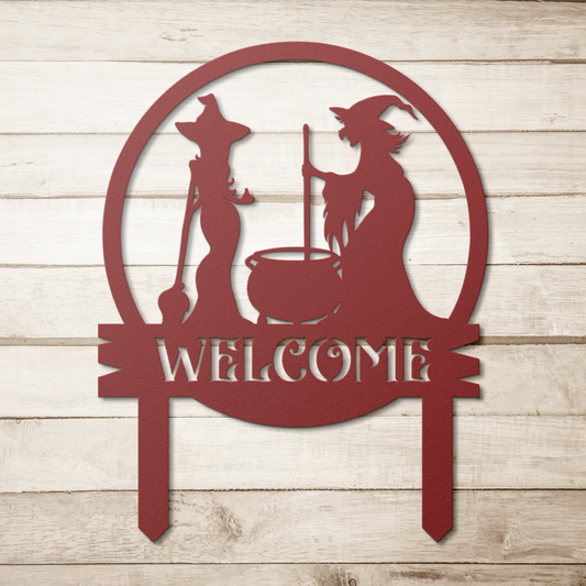 Witch_Cooking_Garden_Stake_Metal_Sign_Red_Simple_Wood_BKGD_Mockup.png