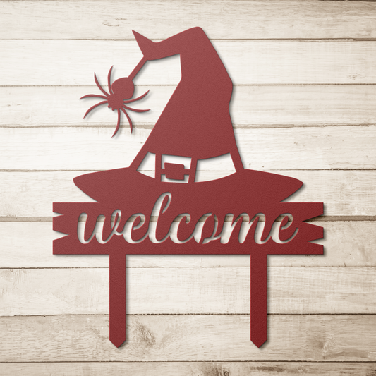 Witch_Hat_Garden_Stake_Metal_Sign_Red_Simple_Wood_BKGD_Mockup.png