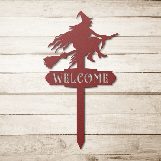 Witch_Welcome_Garden_Stake_Metal_Sign_Red_Simple_Wood_BKGD_Mockup.png