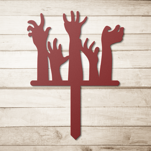 Zombie_Hands_Garden_Stake_Metal_Sign_Red_Simple_Wood_BKGD_Mockup.png